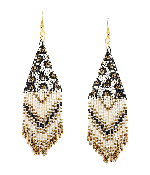 Handmade multi seedbead tassel drop earring - animal print