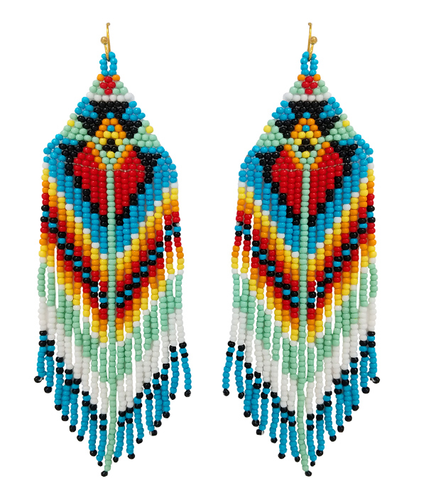 HANDMADE MULTI SEEDBEAD TASSEL DROP AZTEC PATTERN EARRING