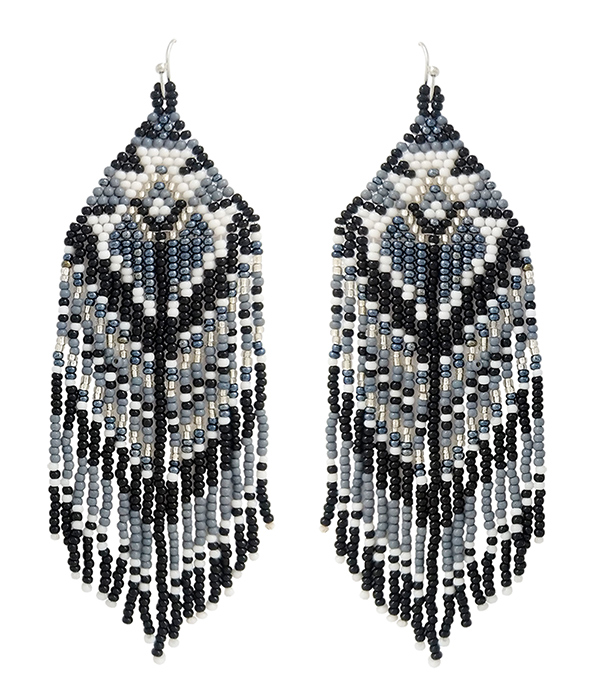 Handmade multi seedbead tassel drop aztec pattern earring