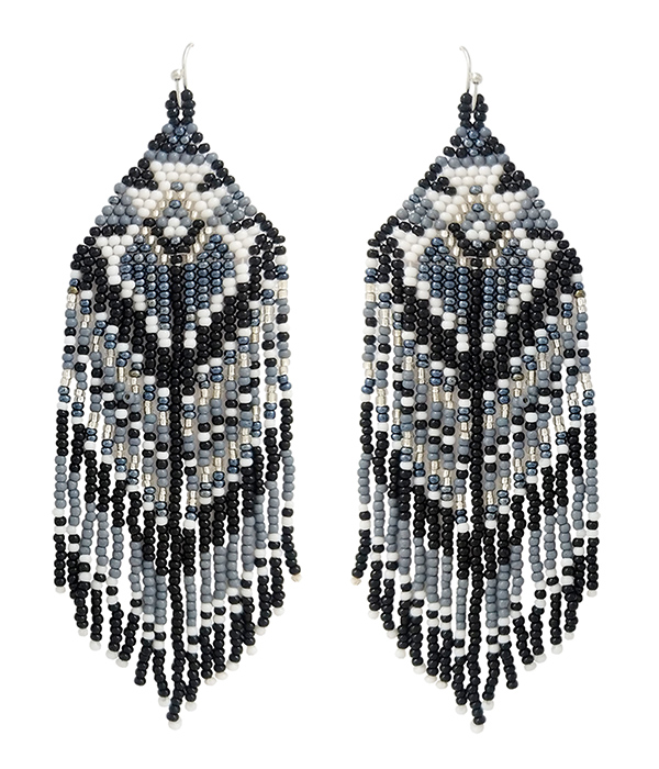 HANDMADE MULTI SEEDBEAD TASSEL DROP AZTEC PATTERN EARRING