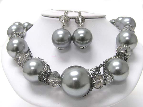 PEARL BEADS AND FACET GLASS CHAIN TANGLE NECKLACE EARRING SET