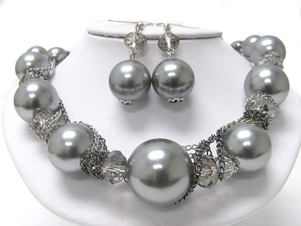 Pearl beads and facet glass chain tangle necklace earring set