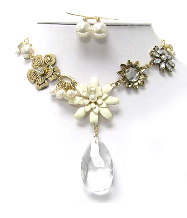 Facet glass tear drop enamel flower deco necklace earring set