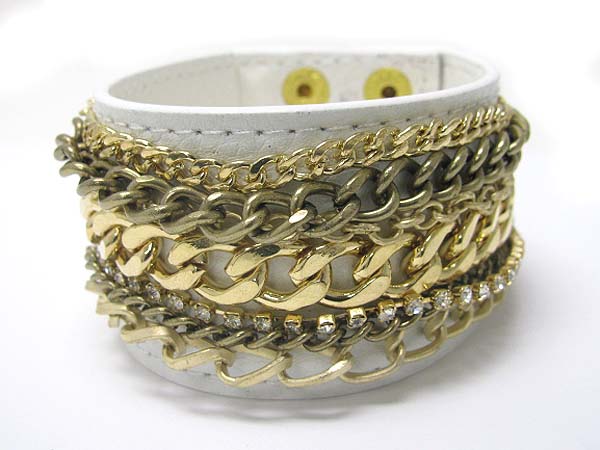 MULTI RNINESTONE AND METAL CHAIN LEATHER WRIST BAND 