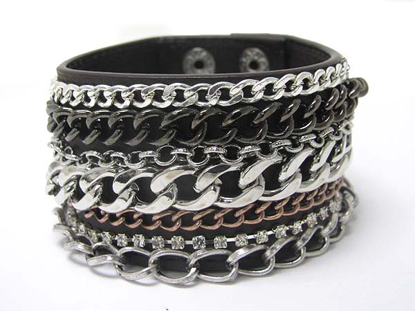 MULTI RNINESTONE AND METAL CHAIN LEATHER WRIST BAND 