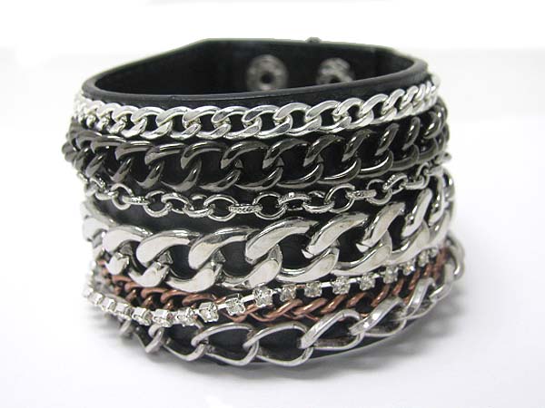 MULTI RNINESTONE AND METAL CHAIN LEATHER WRIST BAND 