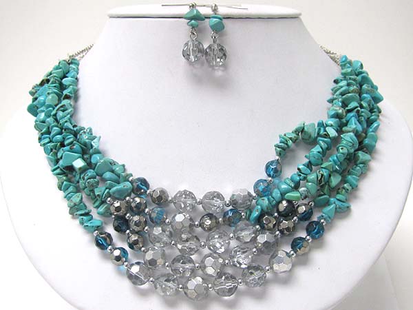 Multi strand natural chip stone and facet glass necklace earring set