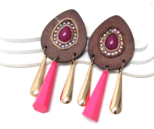 Wooden tear drop inside crystal and metal chain drop with multi dangle dear drops earring