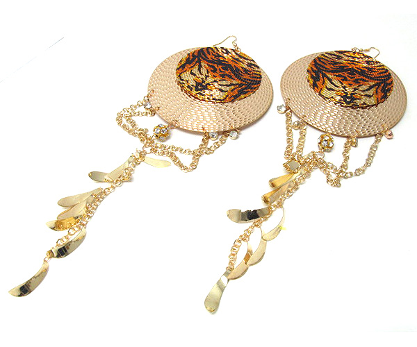 ANIMAL PRINT LARGE AND DOUBLE METAL DISK WITH DROP MULTI CHAIN CRYSTAL FIRE BALLS DANGLE TEAR DROP EARRING