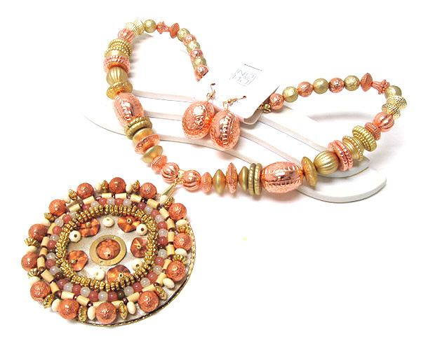 Large fashion round metal inside multi seed beads with metal balls and multi small wood drop fashion mixed balls and mixed rings necklace earring set