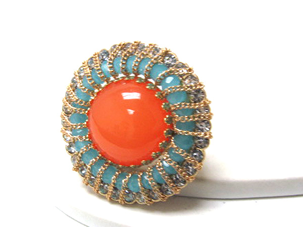 Multi crystal and crystal glass with chain and center acryl stone on stretch ring