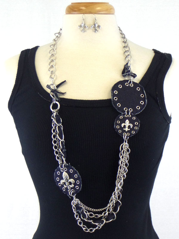 Metal fleur de lis stud round denim and multi metal chain long necklace set