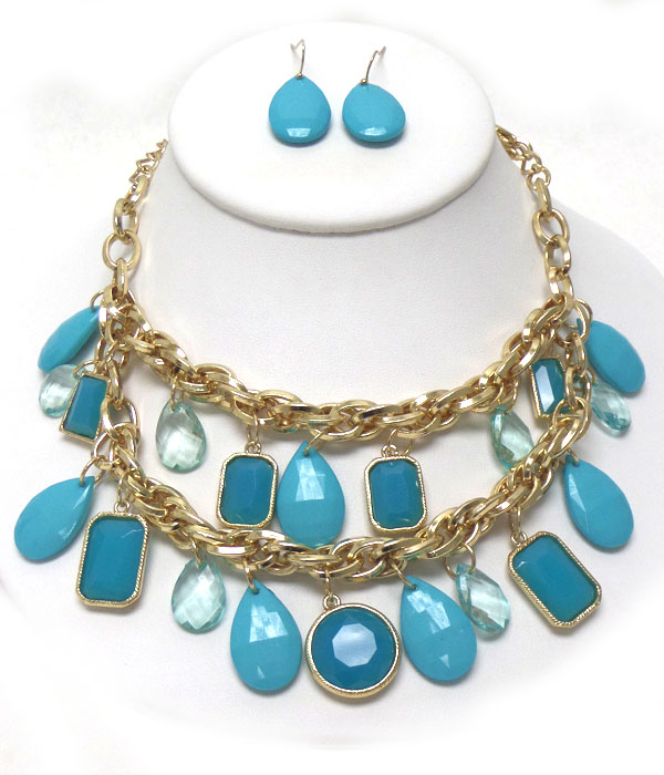 Multi teardrop and square acrylic stone drop double chain cocktail necklace earring set