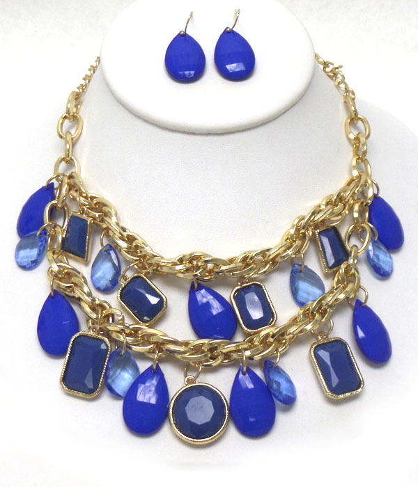 Multi teardrop and square acrylic stone drop double chain cocktail necklace earring set