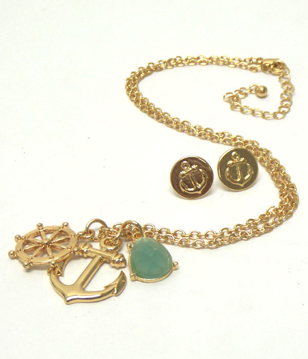 Anchor and wheel dangle necklace earring set