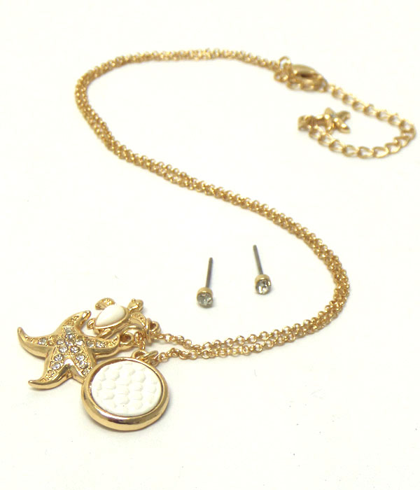 Crystal stud starfish and turtle dangle necklace earring set