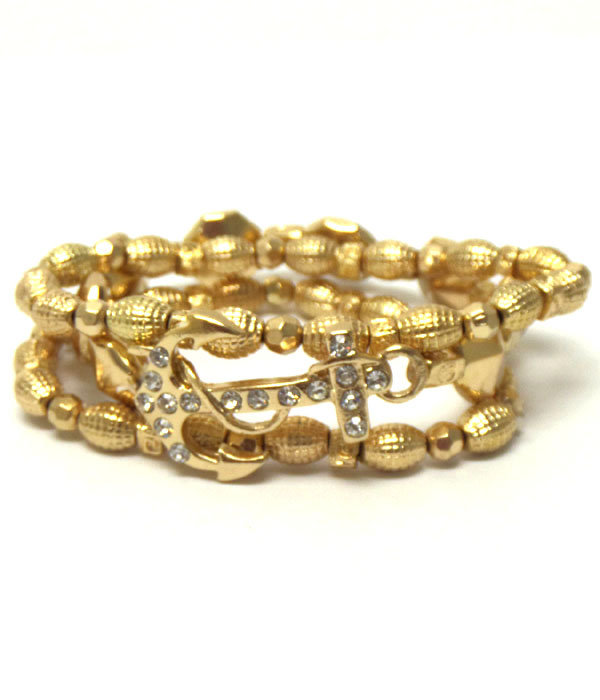 Crystal anchor and metal bead stretch bracelet set of 3