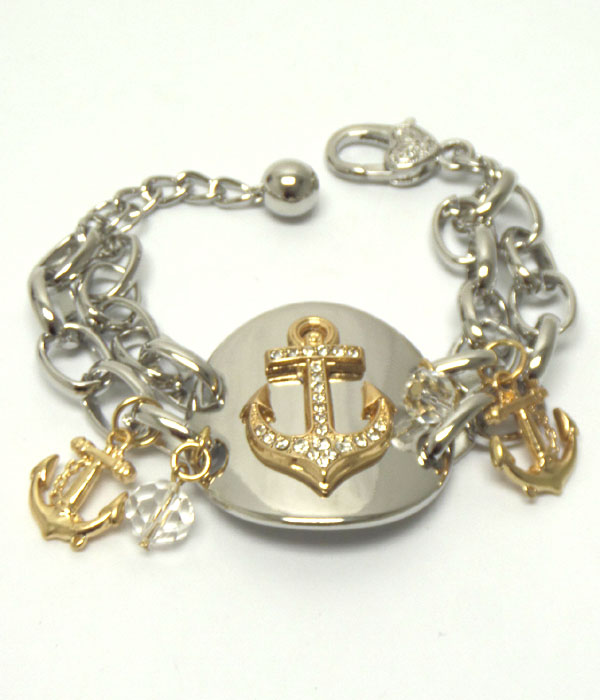 Crystal anchor on curved disk and double chain bracelet