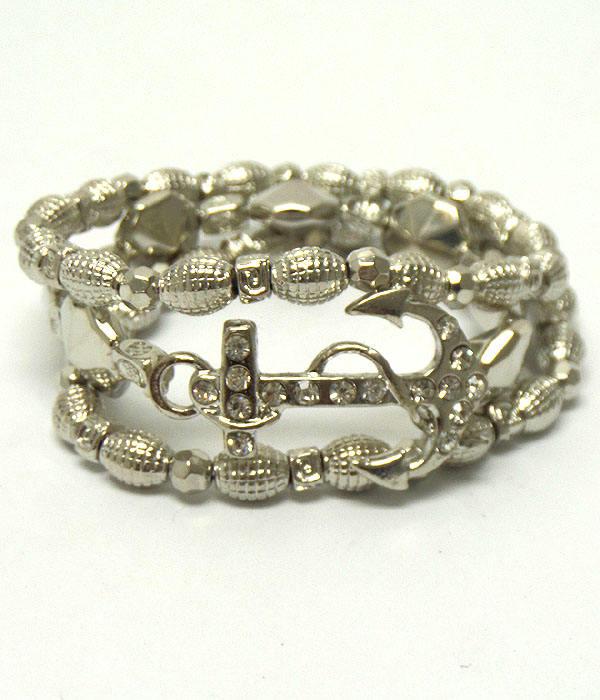 Crystal anchor and metal bead stretch bracelet set of 3