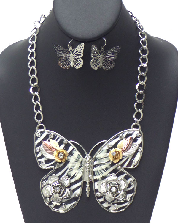 Crystal metal flower print zebra inside fashion large butterfly necklace earring set