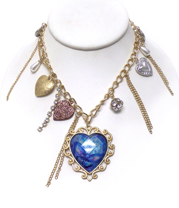 Glass deco prited butterfly multi heart charms dangle necklace