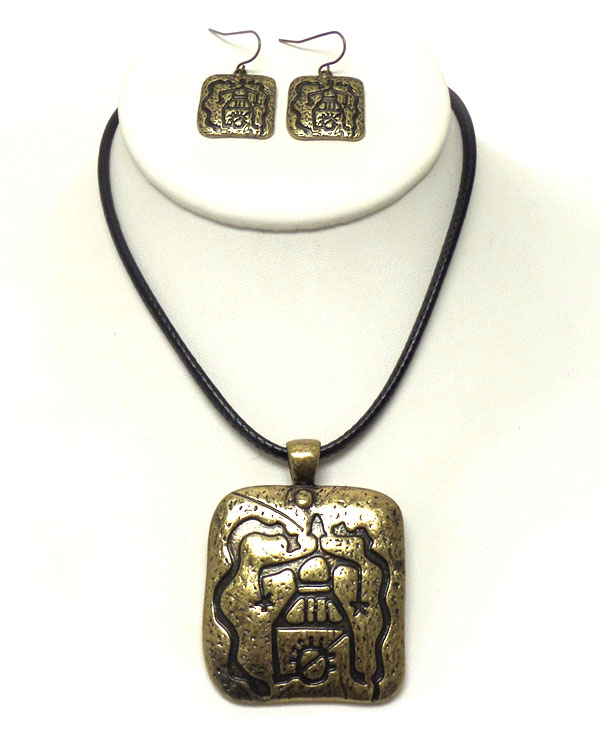 Aztec inspired large square mural fresco pendant necklace earring set -western
