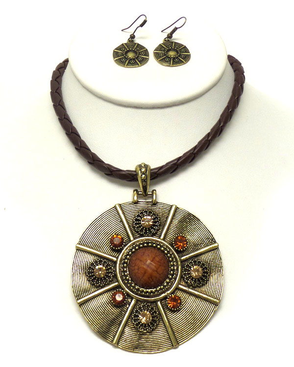 Crystal deco large medallion pendant synthetic leather cord necklace earring set
