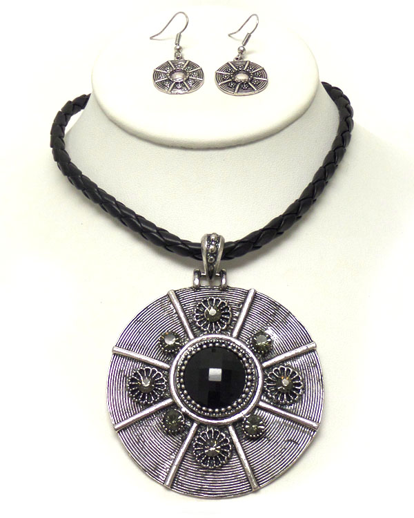 Crystal deco large medallion pendant synthetic leather cord necklace earring set