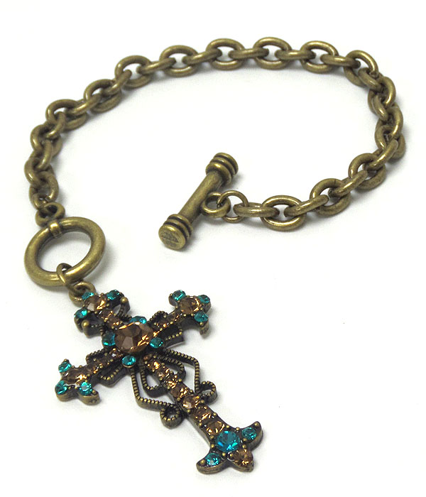 Vintage style crystal cross charm chain bracelet