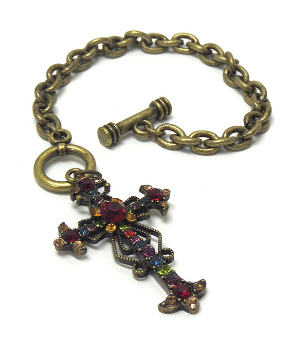 Vintage style crystal cross charm chain bracelet