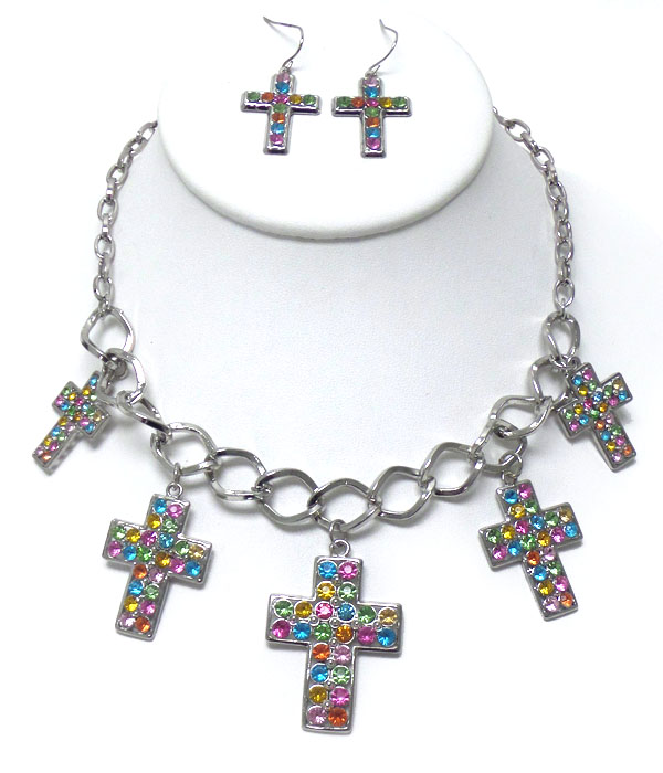 Five crystal cross pendant dangle necklae and earring set