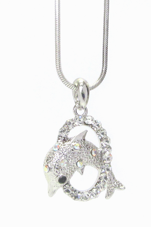 WHITEGOLD PLATING CRYSTAL DOLPHINE PENDANT NECKLACE