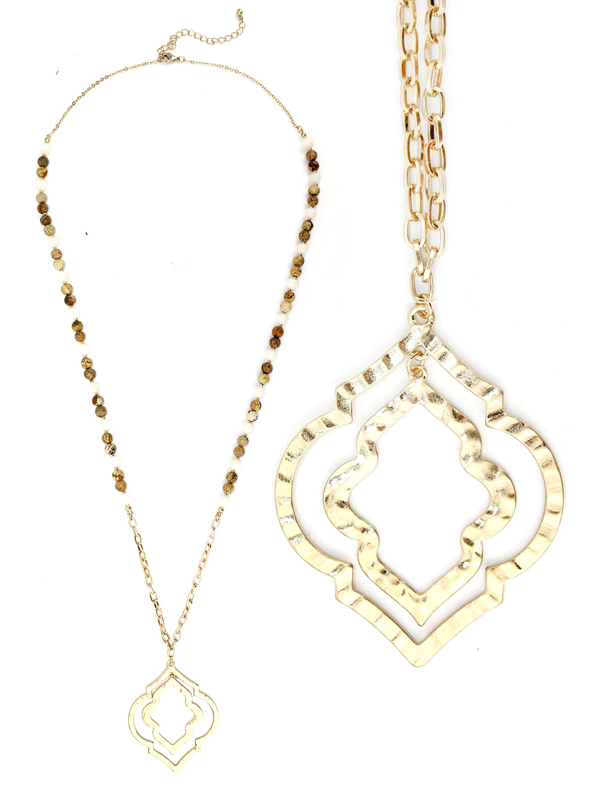 Hammered double quatrefoil pendant bead chain long necklace