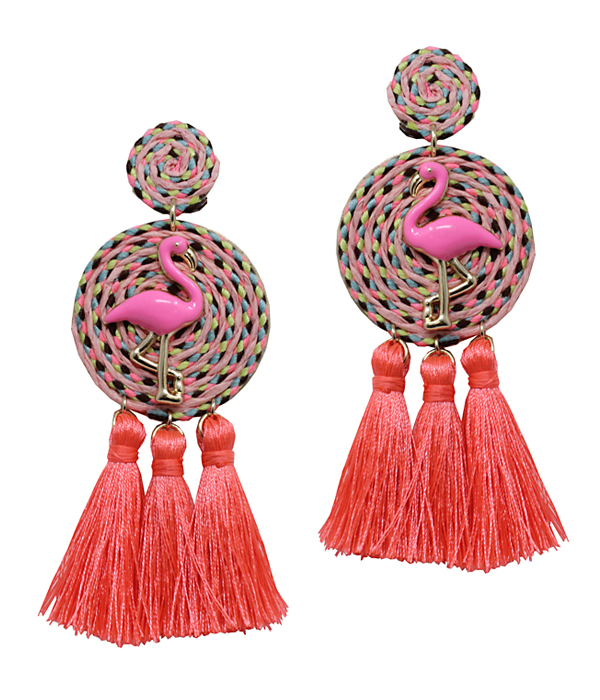 THREAD DISC FLAMINGO AND TASSEL DROP EARRING