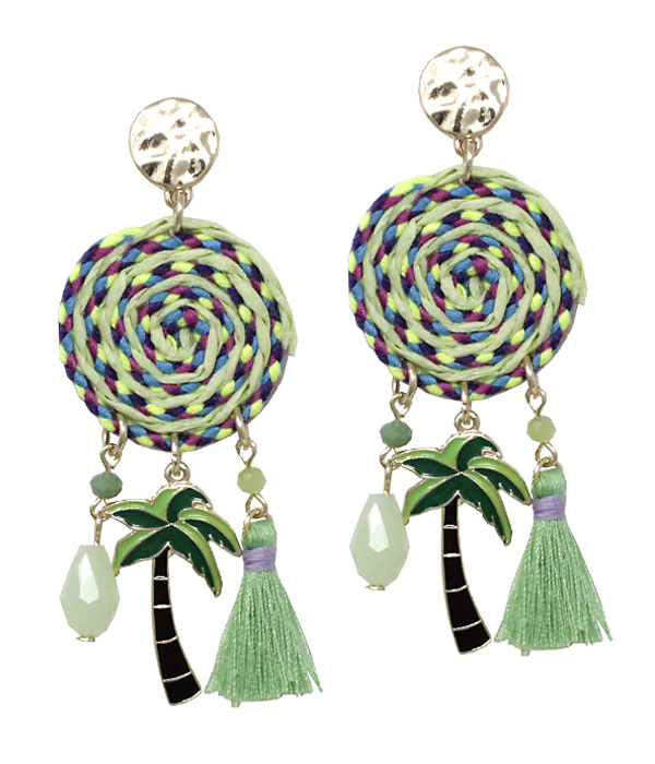 THREAD DISC AND PALM TREE TASSEL DROP EARRING