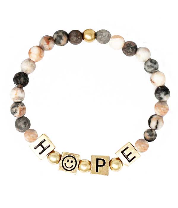 RELIGIOUS INSPIRATION WORD BLOCK AND SEMI PRECIOUS STONE STRETCH BRACELET - HOPE PINK ZEBRA