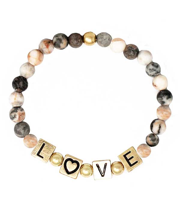 Religious inspiration word block and semi precious stone stretch bracelet - love pink zebra
