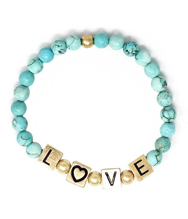 RELIGIOUS INSPIRATION WORD BLOCK AND SEMI PRECIOUS STONE STRETCH BRACELET - LOVE TURQUOISE