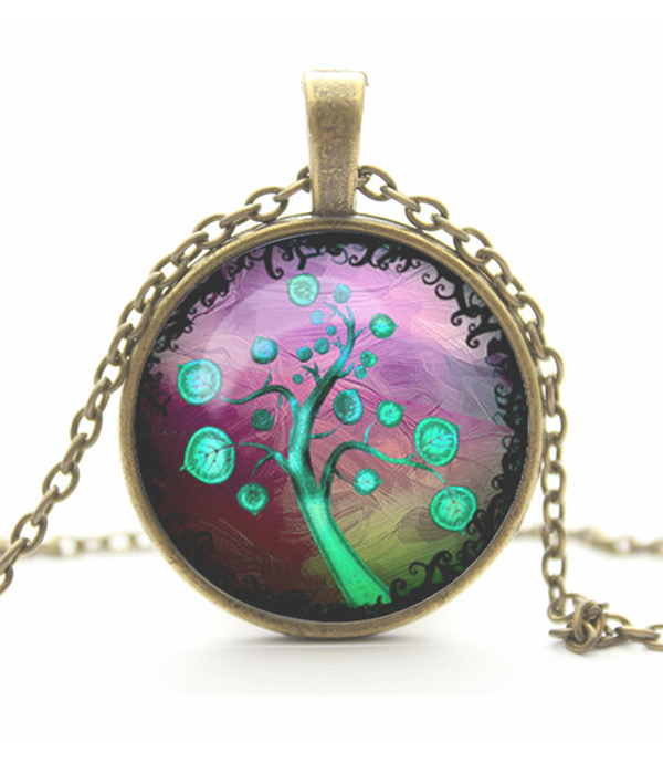 Antique bronze life of tree cabochon necklace