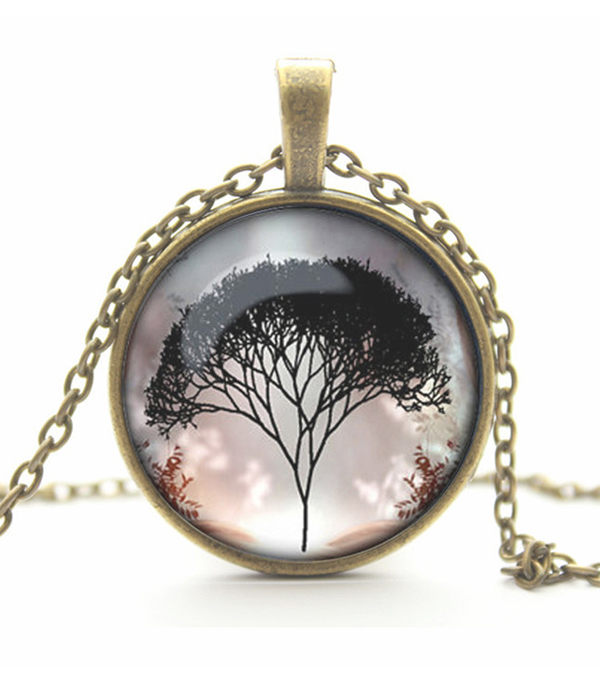 Antique bronze life of tree cabochon necklace