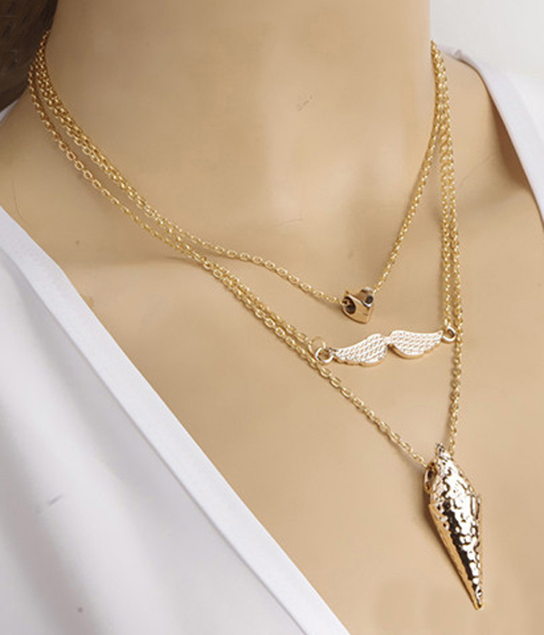 Triple layer metal chain and crystal drop necklace - etsy style