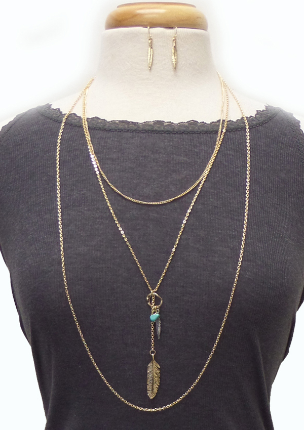 Western style feather pendant 3 fine chain layered long necklace set