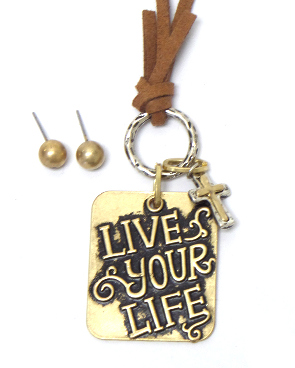 Live your life with cross drop suede necklace set 