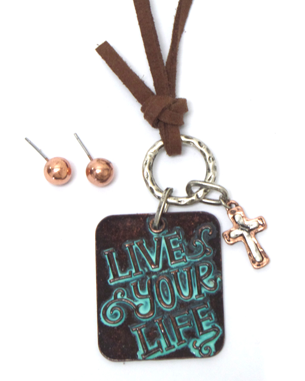 Live your life with cross drop suede necklace set