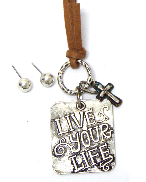 Live your life with cross drop suede necklace set