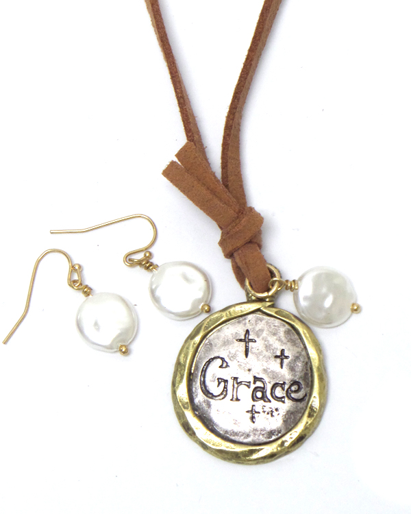 Grace with pearl  drop suede necklace set 