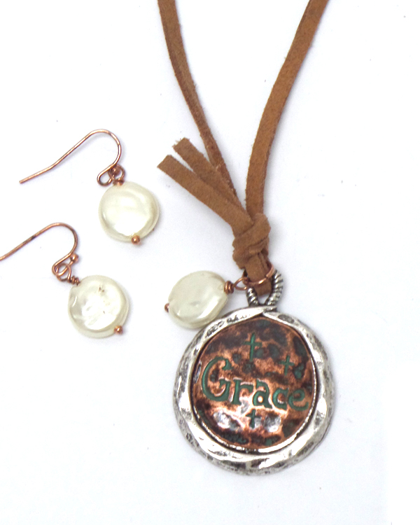 Grace with pearl  drop suede necklace set 