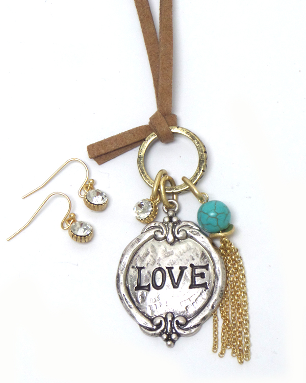 Love tassel drop suede necklace set