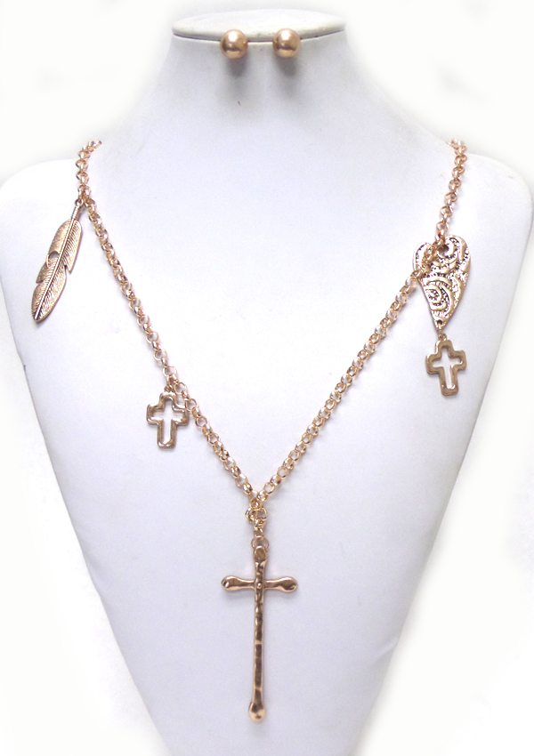 Metal chain cross charm necklace set 