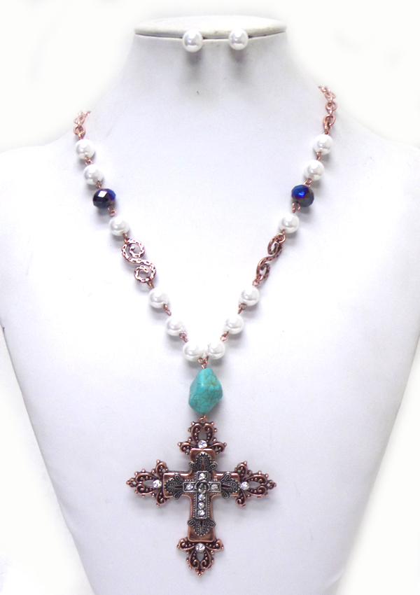 Rosary style beads with metal cross necklace set 